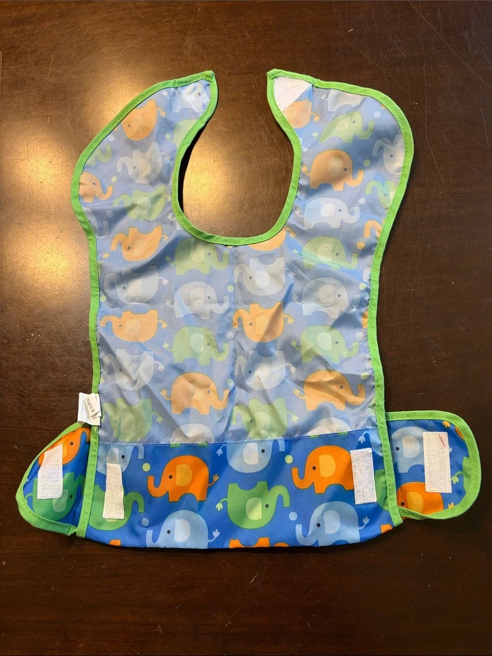 Waterproof Kids Bib with Elephant Print in Blue, Green & Orange